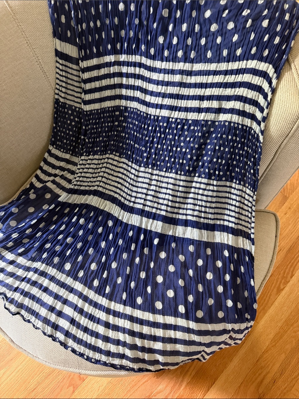 Timeless Blue & White Polka Dot Striped Lightweight Cotton Scarf Crinkle Texture